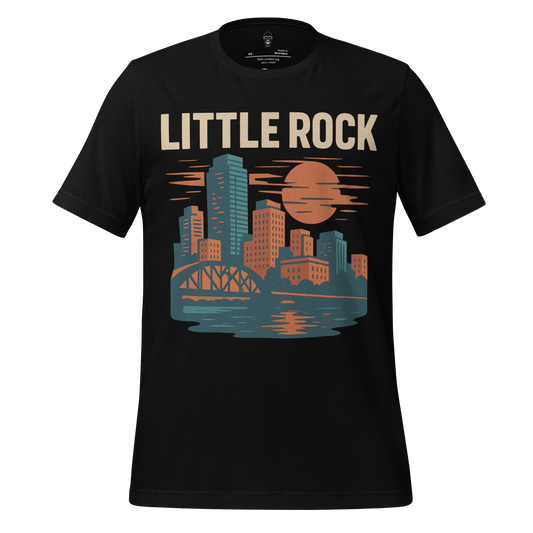 Black Little Rock Graphic T-Shirt with city skyline and sunset design by JMK Drip