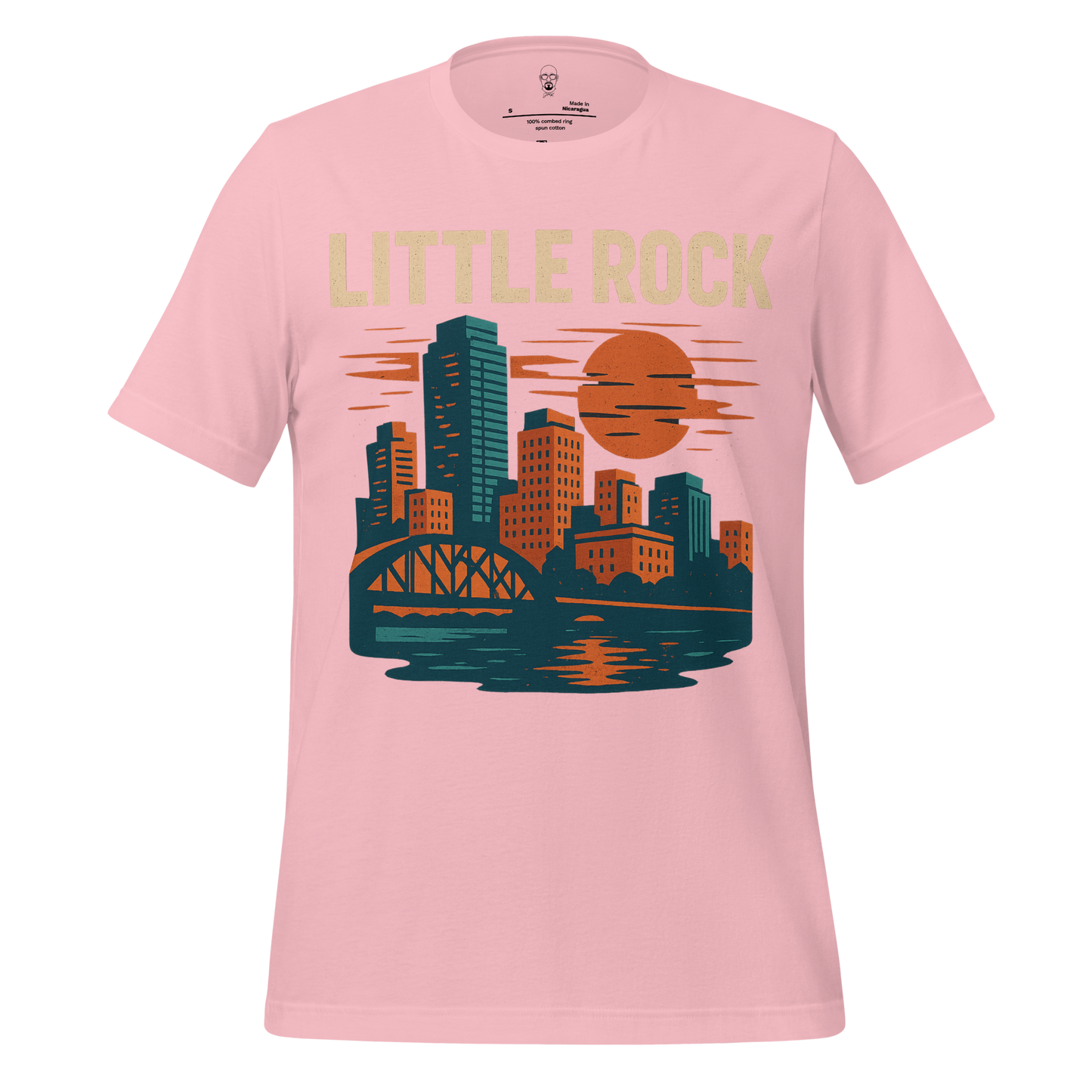 Pink Little Rock Graphic T-Shirt featuring city skyline and sunset design by JMK Drip