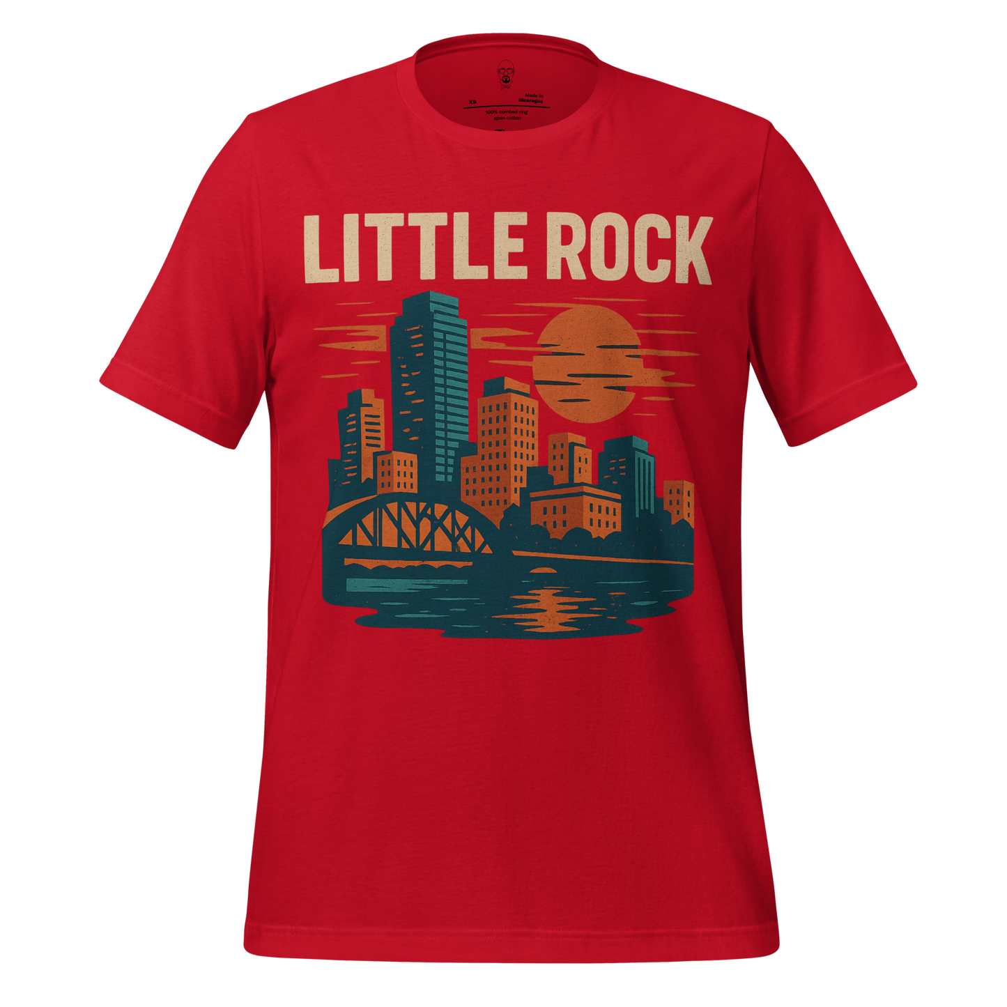 Red Little Rock Graphic T-Shirt featuring city skyline and bridge design by JMK Drip