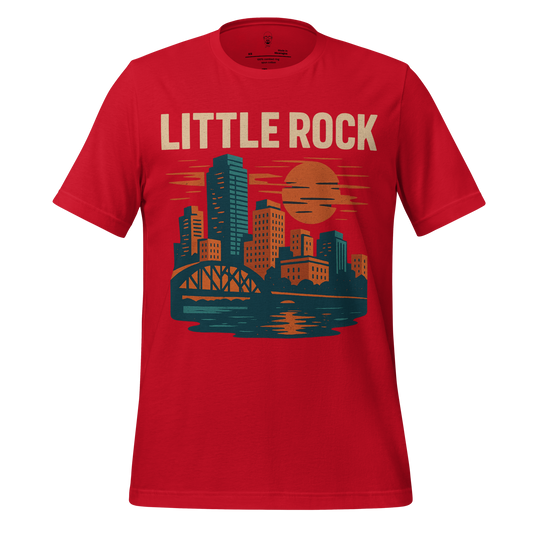 Red Little Rock Graphic T-Shirt featuring city skyline and bridge design by JMK Drip