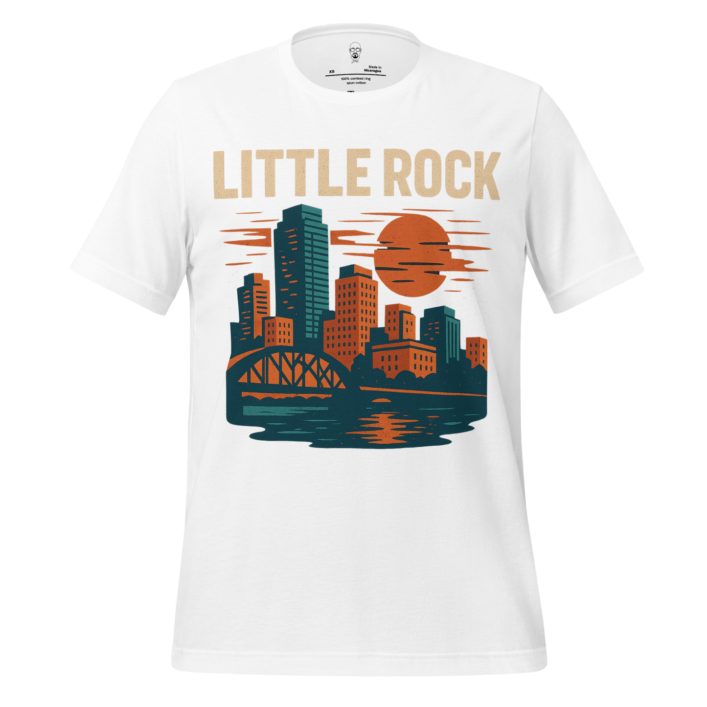 White Little Rock Graphic T-Shirt with city skyline and sunset design by JMK Drip