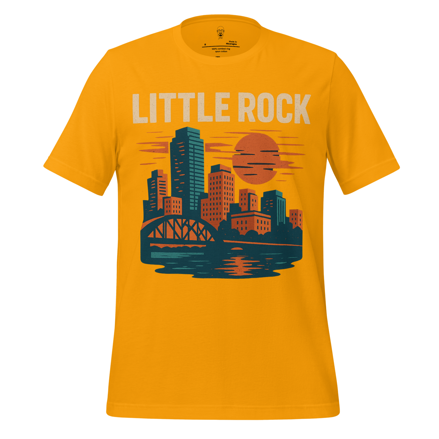 JMK Drip yellow Little Rock Graphic T-Shirt with city skyline and sunset design