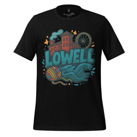 JMK Drip black Lowell Graphic T-Shirt featuring a colorful factory and wave design