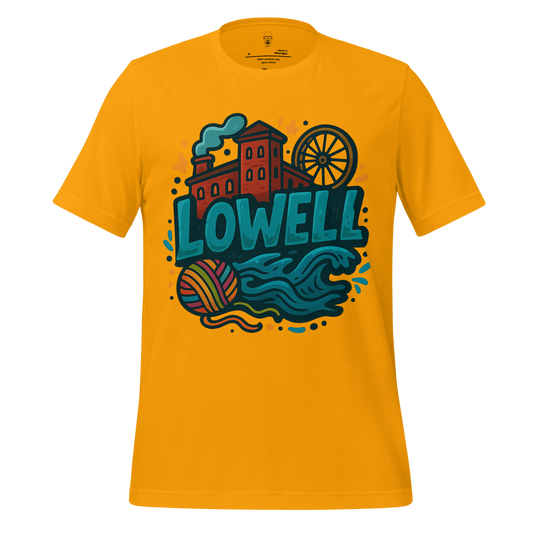 JMK Drip mustard yellow Lowell Graphic T-Shirt with colorful Lowell city design and river waves
