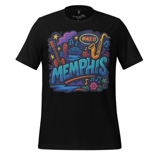 JMK Drip Memphis graphic t-shirt with colorful Beale Street design featuring guitar and saxophone