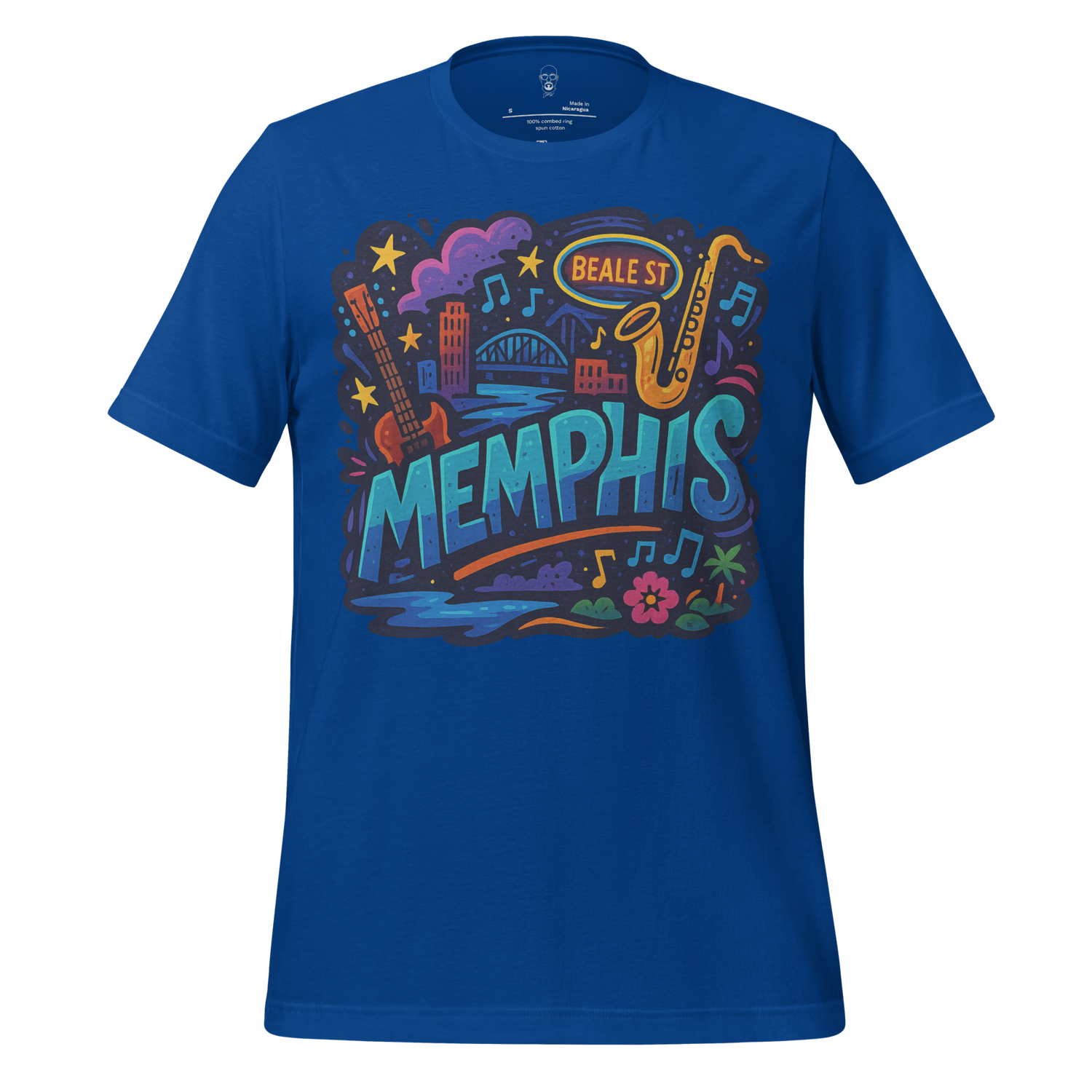 JMK Drip Memphis graphic t-shirt in blue with colorful guitar and saxophone design