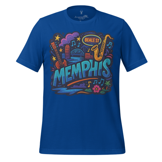 JMK Drip Memphis graphic t-shirt in blue with colorful guitar and saxophone design