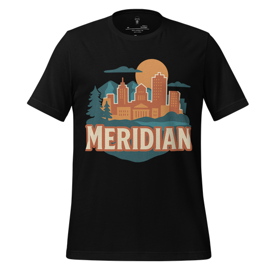 JMK Drip Meridian Graphic T-Shirt black with city skyline and nature design in warm tones
