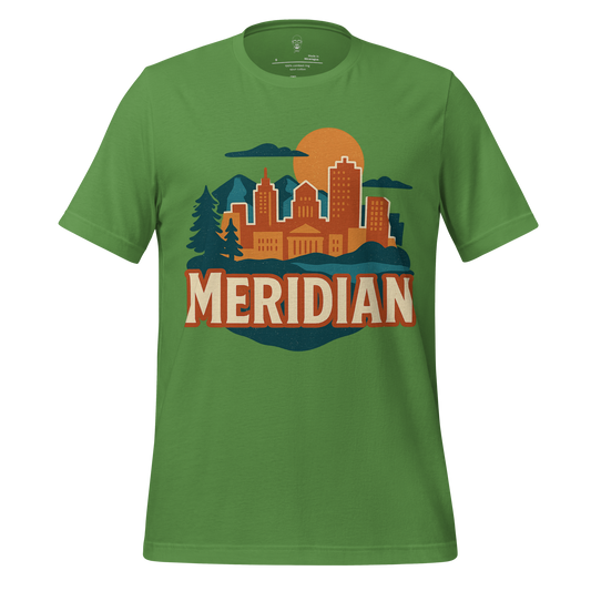 Green Meridian Graphic T-Shirt by JMK Drip featuring cityscape design with sun and trees