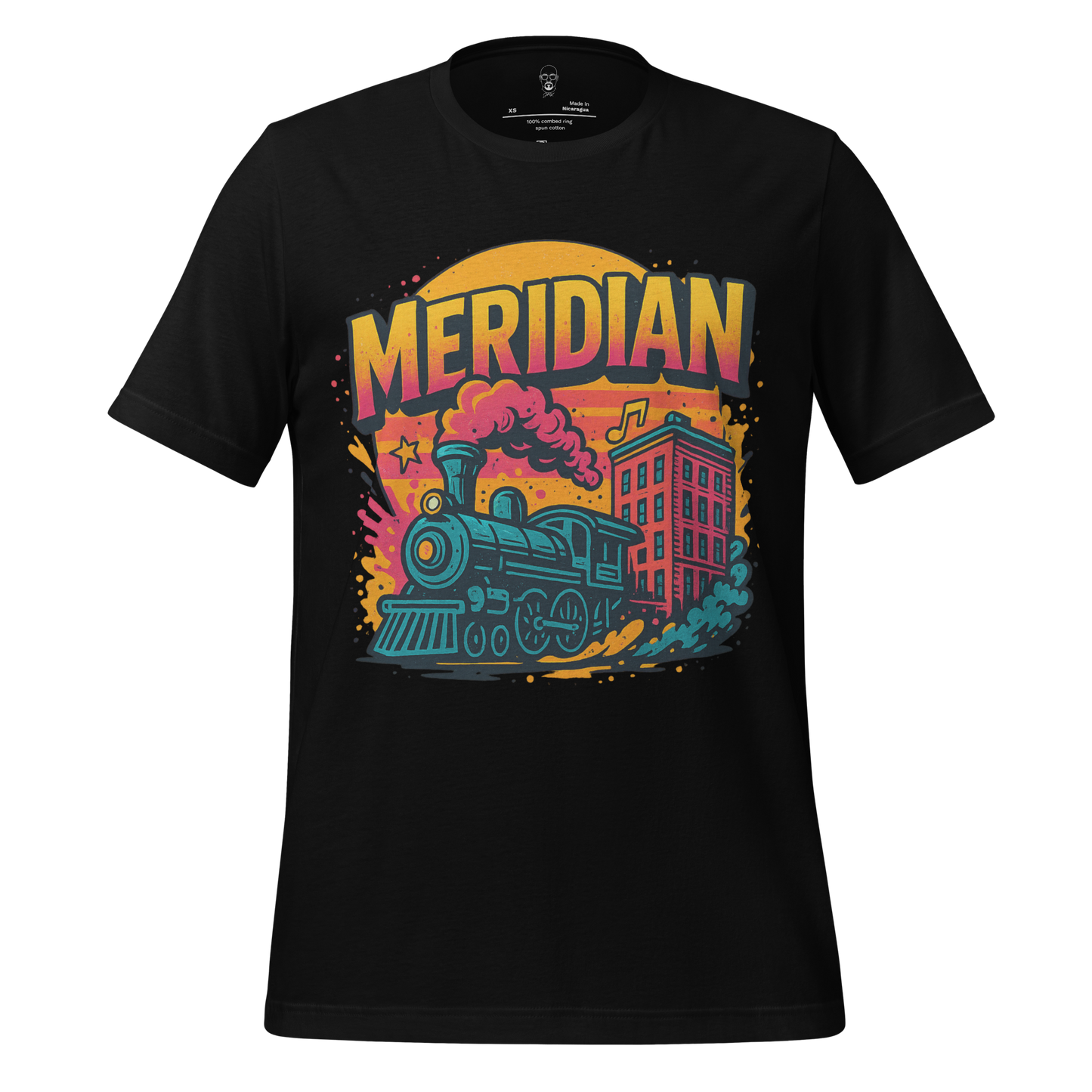 Black Meridian, Mississippi Graphic T-Shirt featuring colorful vintage train and building design