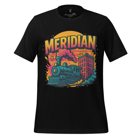 Black Meridian, Mississippi Graphic T-Shirt featuring colorful vintage train and building design
