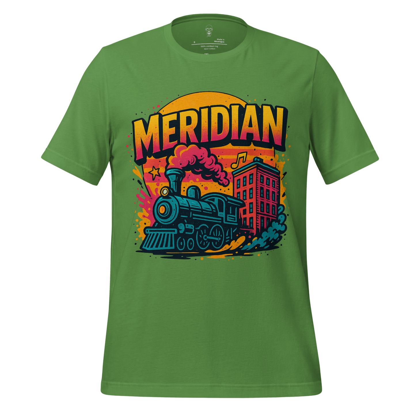 Green Meridian, Mississippi Graphic T-Shirt featuring colorful train and cityscape design by JMK Drip