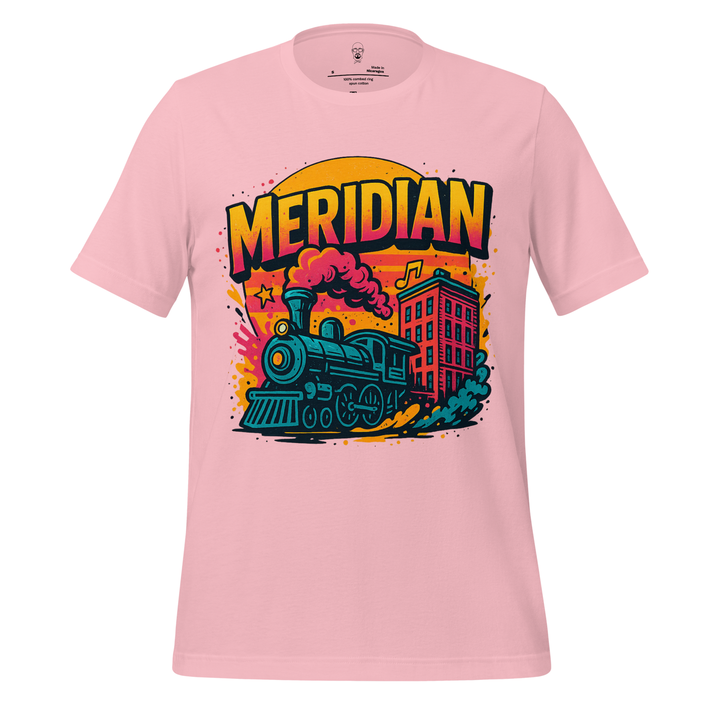 Pink Meridian, Mississippi Graphic T-Shirt with colorful train and cityscape design by JMK Drip