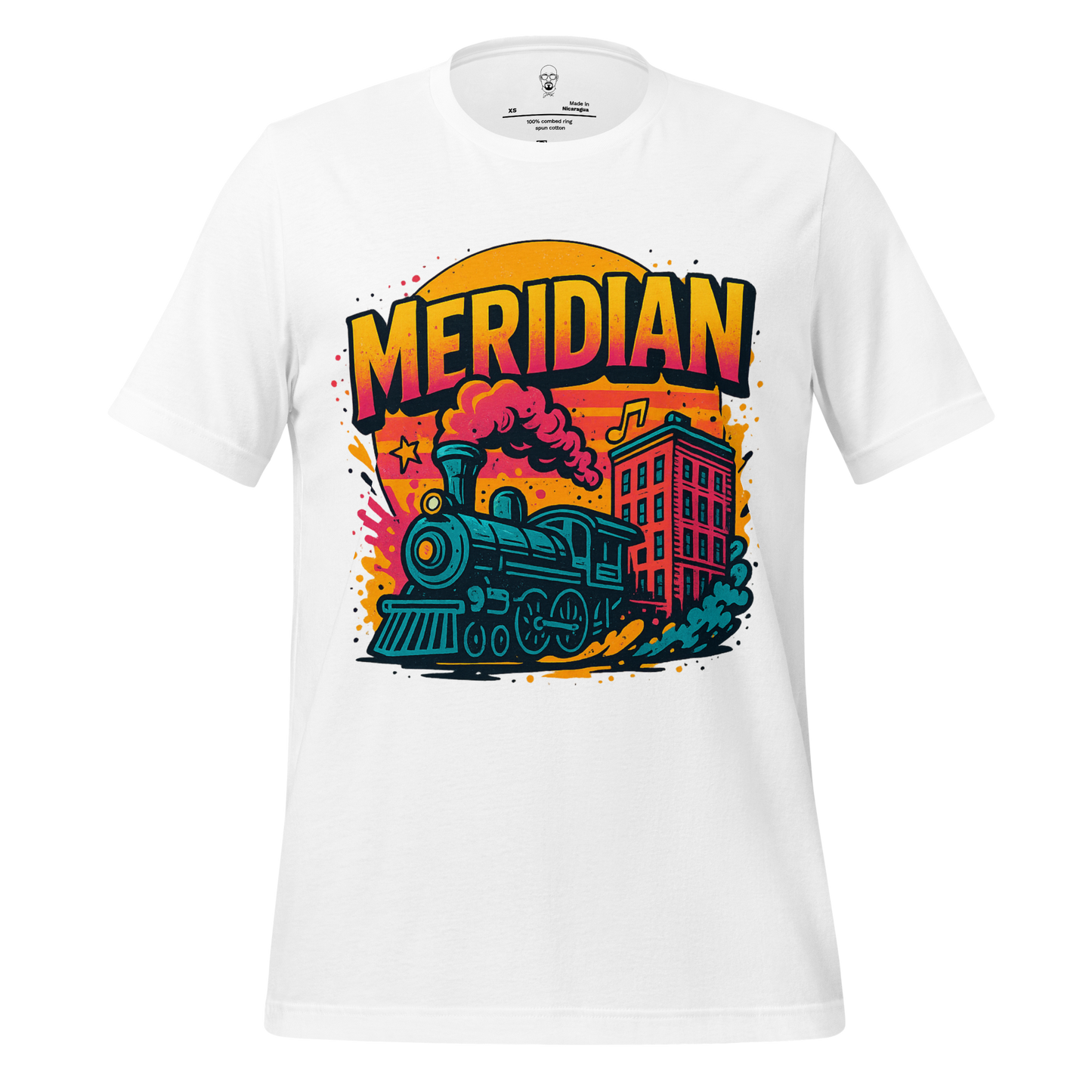 White Meridian, Mississippi Graphic T-Shirt with colorful vintage train and city design by JMK Drip