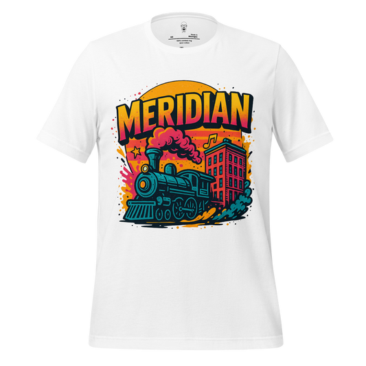 White Meridian, Mississippi Graphic T-Shirt with colorful vintage train and city design by JMK Drip