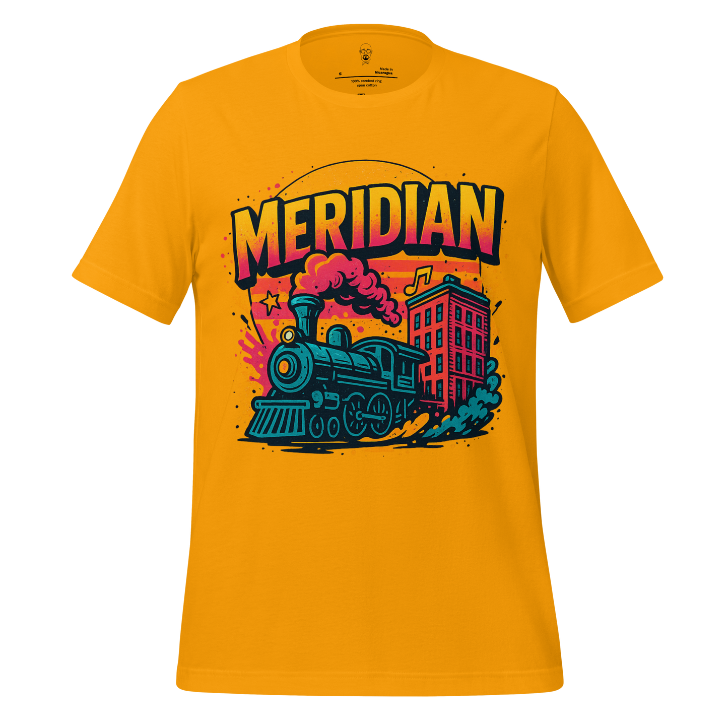 Yellow Meridian, Mississippi Graphic T-Shirt featuring a vintage train and city building illustration