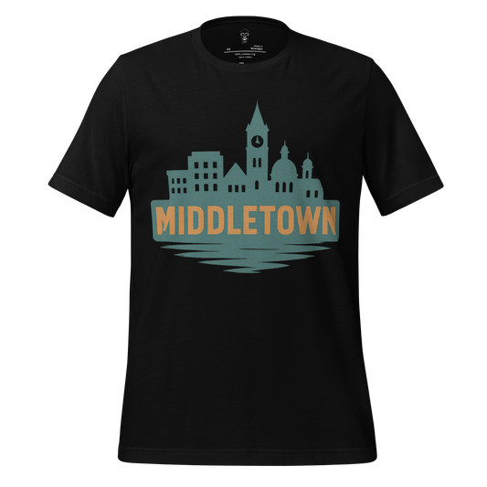 Black Middletown Graphic T-Shirt featuring city skyline design and bold lettering