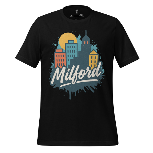Black Milford Graphic T-Shirt with colorful city skyline and yellow sun design by JMK Drip