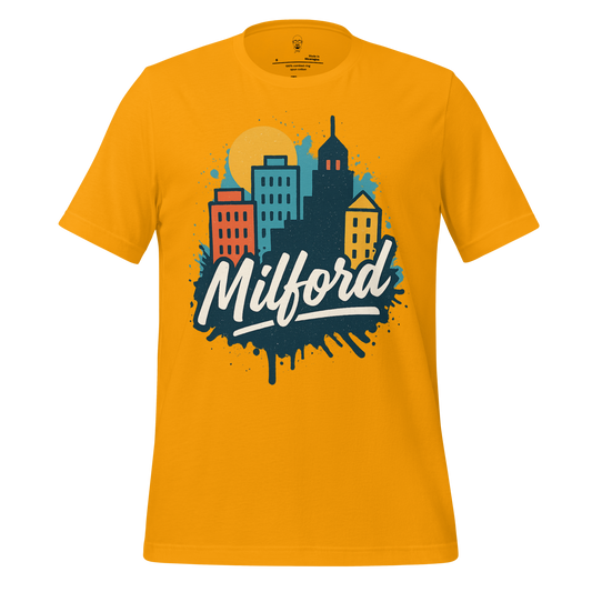 JMK Drip Milford Graphic T-Shirt in yellow with colorful city skyline and Milford text design