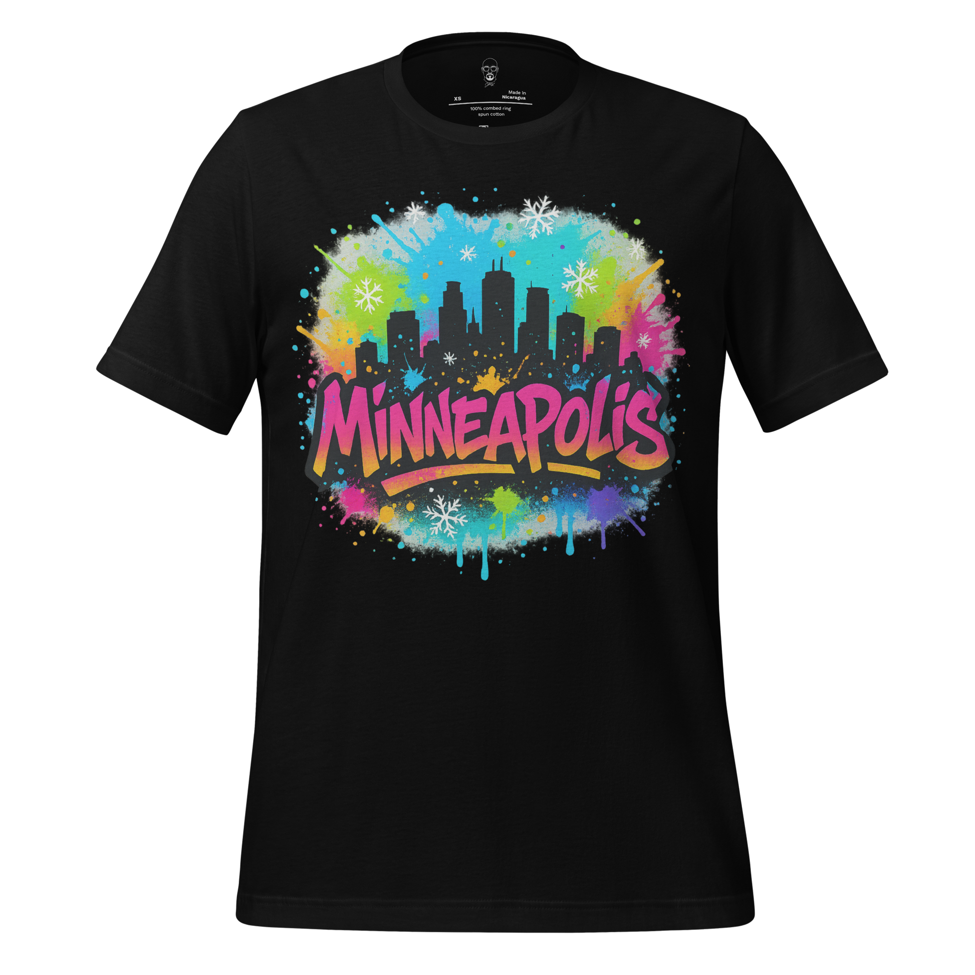 Black Minneapolis Graphic T-Shirt with colorful city skyline and spray paint design by JMK Drip