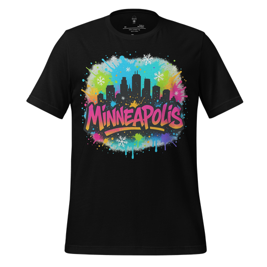Black Minneapolis Graphic T-Shirt with colorful city skyline and spray paint design by JMK Drip