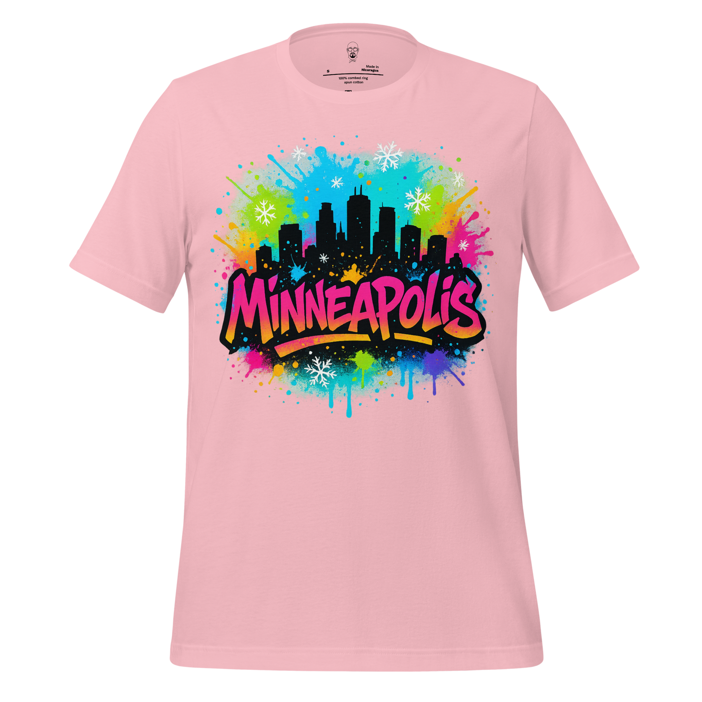 Pink Minneapolis Graphic T-Shirt with colorful city skyline and graffiti style text design