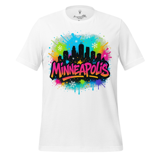 White Minneapolis Graphic T-Shirt with colorful city skyline and graffiti style text design