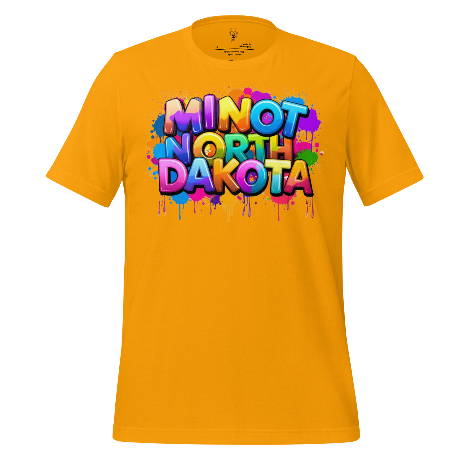 JMK Drip yellow Minot North Dakota t shirt with colorful graffiti style text design