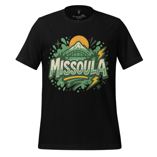 Black Missoula Graphic T-Shirt by JMK Drip featuring mountain and bridge design with sun and lightning accents