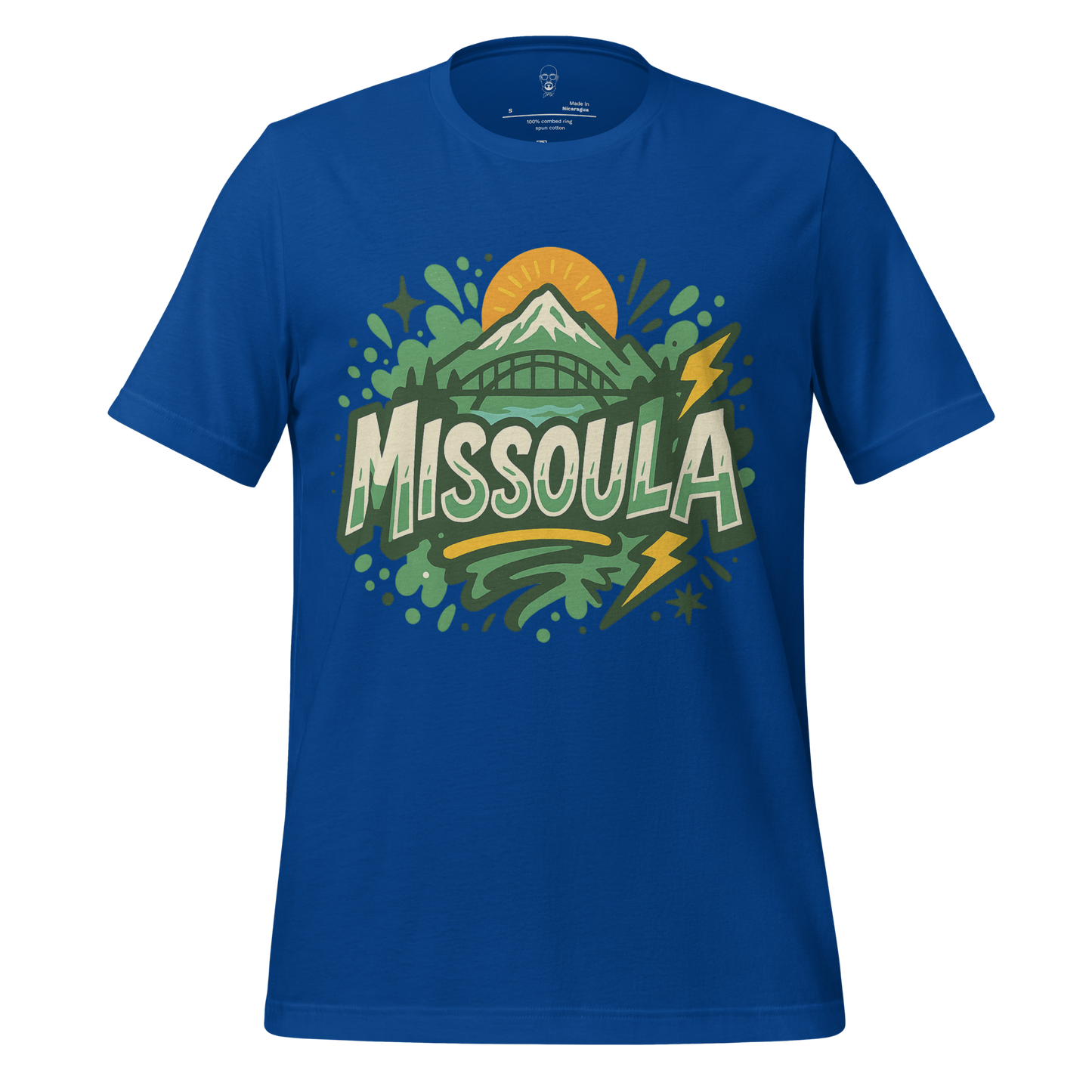 Blue JMK Drip Missoula Graphic T-Shirt with mountain and sun design featuring green and yellow accents