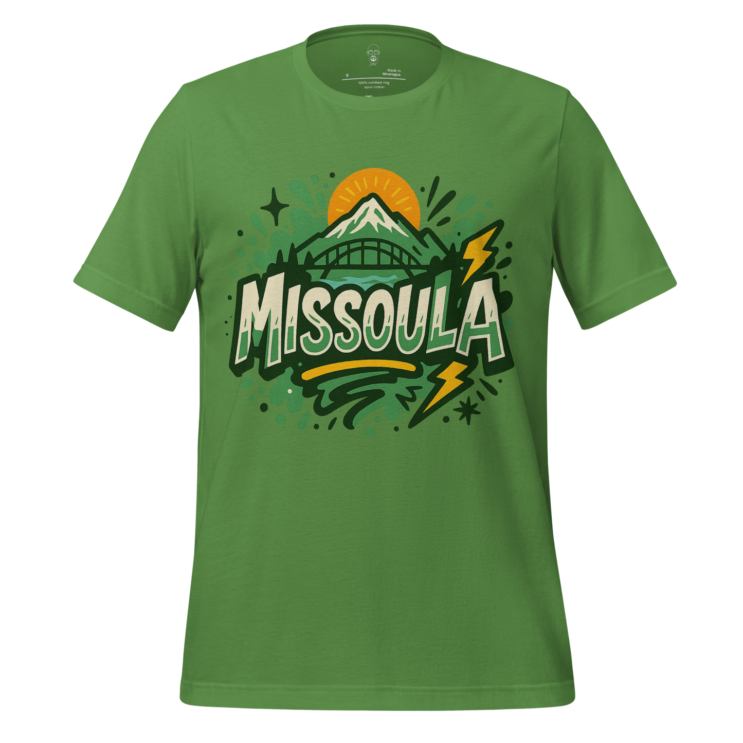 Green Missoula Graphic T-Shirt with mountain, sun, and lightning bolt design by JMK Drip