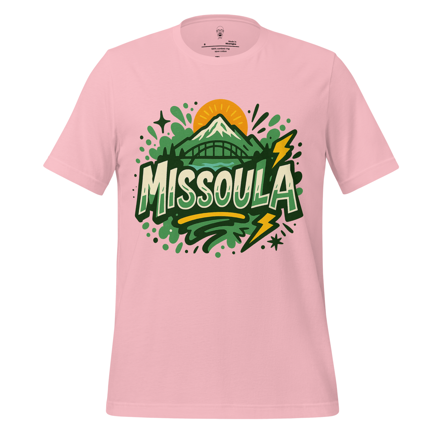 JMK Drip pink Missoula Graphic T-Shirt with mountain and lightning design