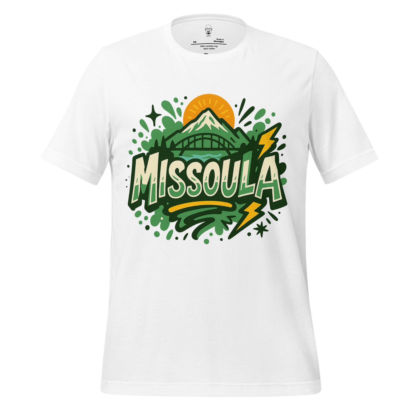 White JMK Drip Missoula Graphic T-Shirt featuring mountain, bridge, and sun design in green and yellow