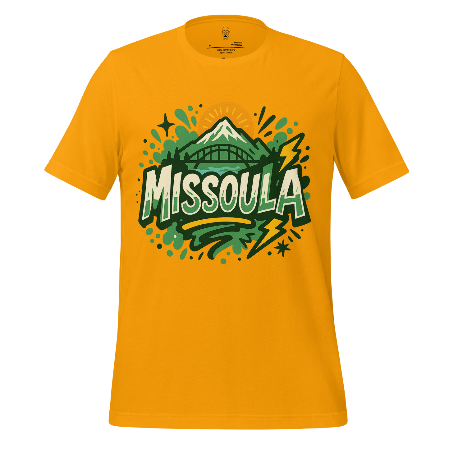 JMK Drip yellow Missoula Graphic T-Shirt with mountain and bridge design in green and white
