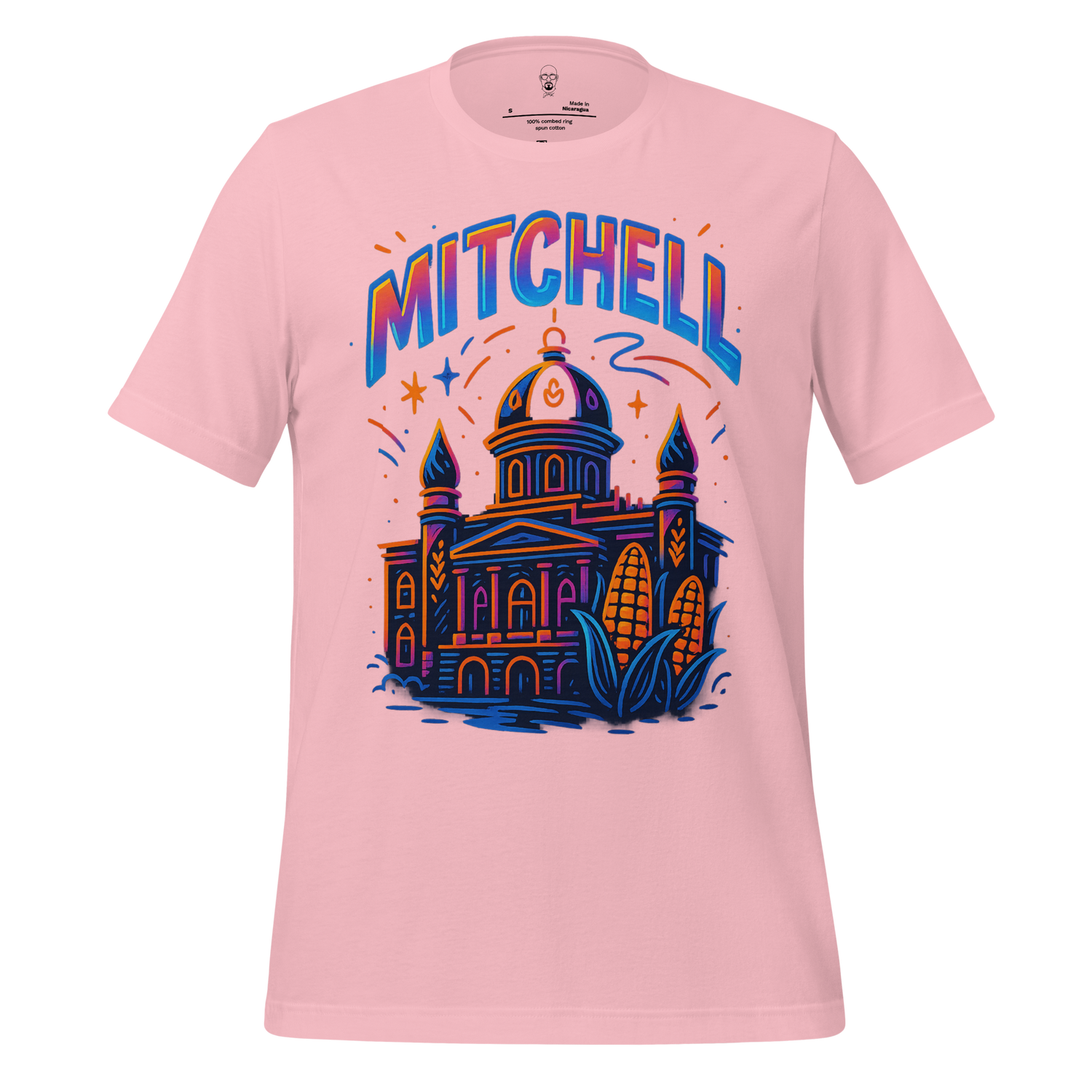 Pink Mitchell graphic t-shirt featuring colorful cartoon-style building and corn design