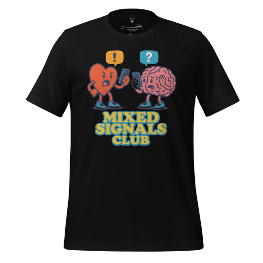 Black mixed signals graphic tee featuring cartoon heart and brain characters texting with speech bubbles