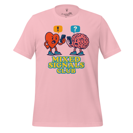 JMK Drip pink mixed signals graphic tee featuring cartoon heart and brain texting with Mixed Signals Club text
