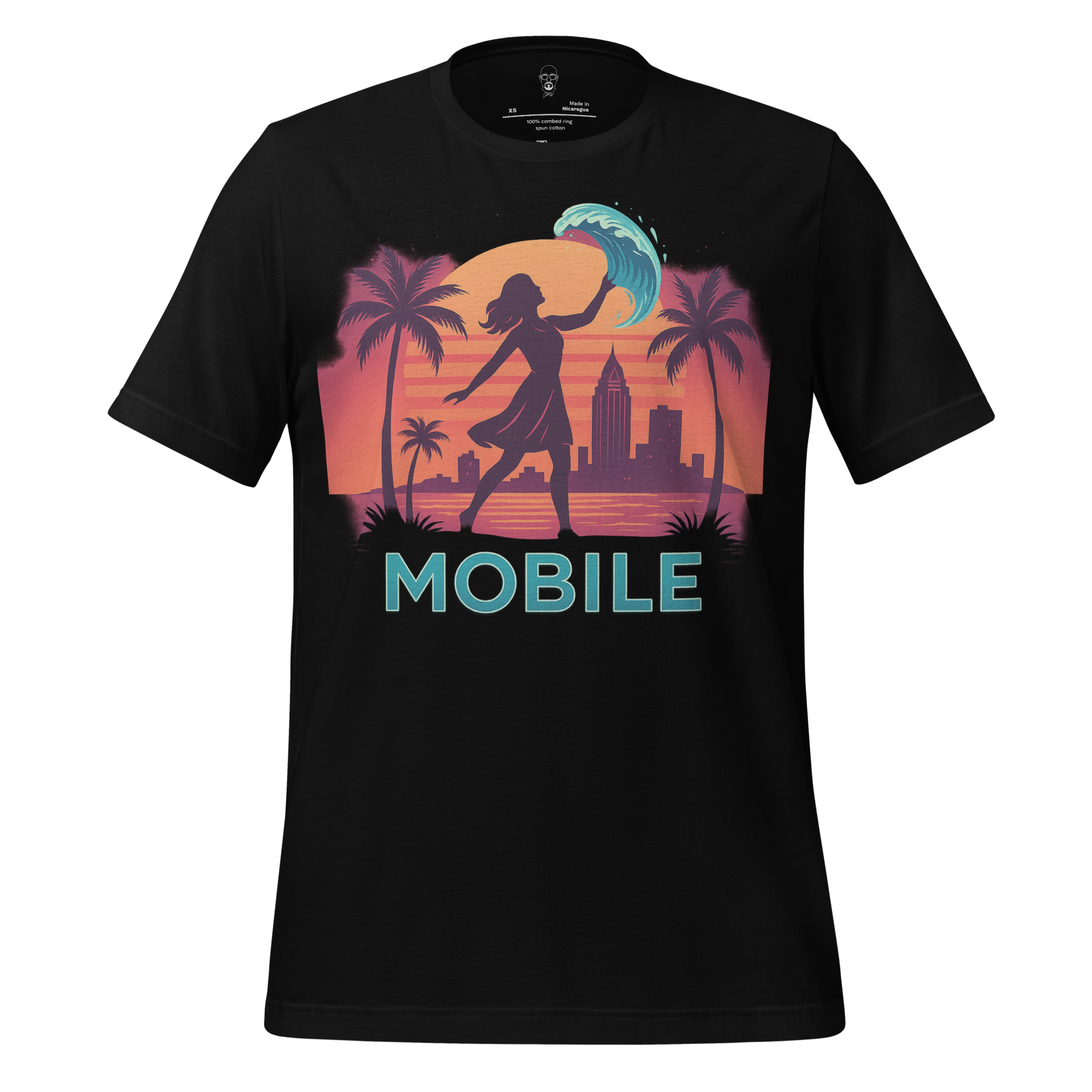 Black Mobile Graphic T-Shirt with sunset cityscape, palm trees, and silhouette of a woman holding a wave