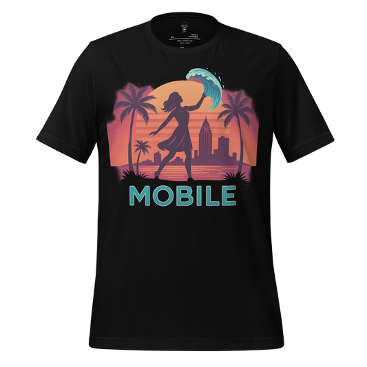 Black Mobile Graphic T-Shirt with sunset cityscape, palm trees, and silhouette of a woman holding a wave