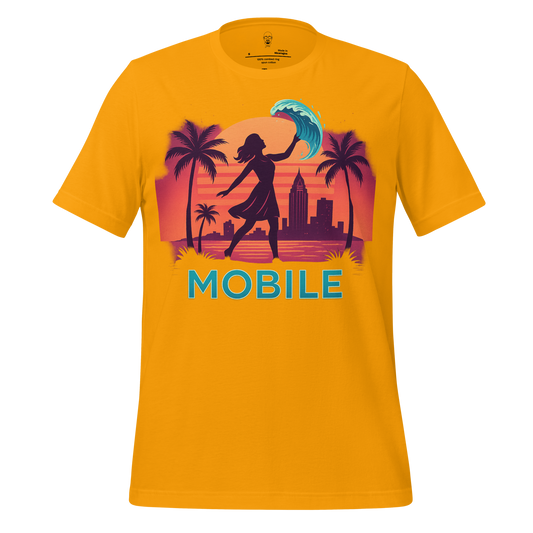 JMK Drip Mobile Graphic T-Shirt in yellow with silhouette of woman holding wave and city skyline