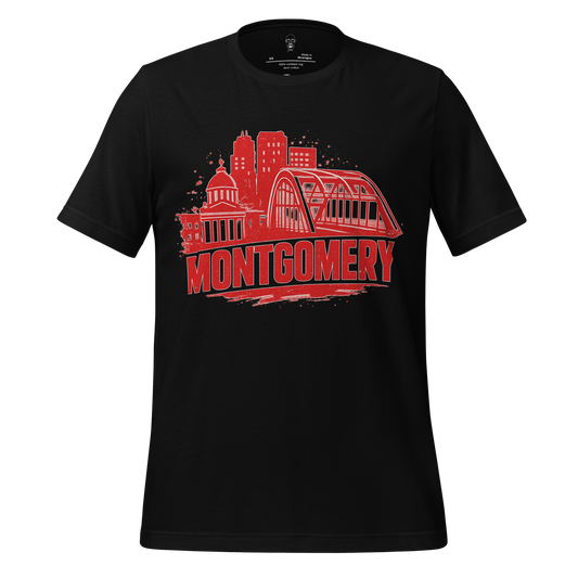 JMK Drip Montgomery Graphic T-Shirt with red cityscape and bridge design on black fabric