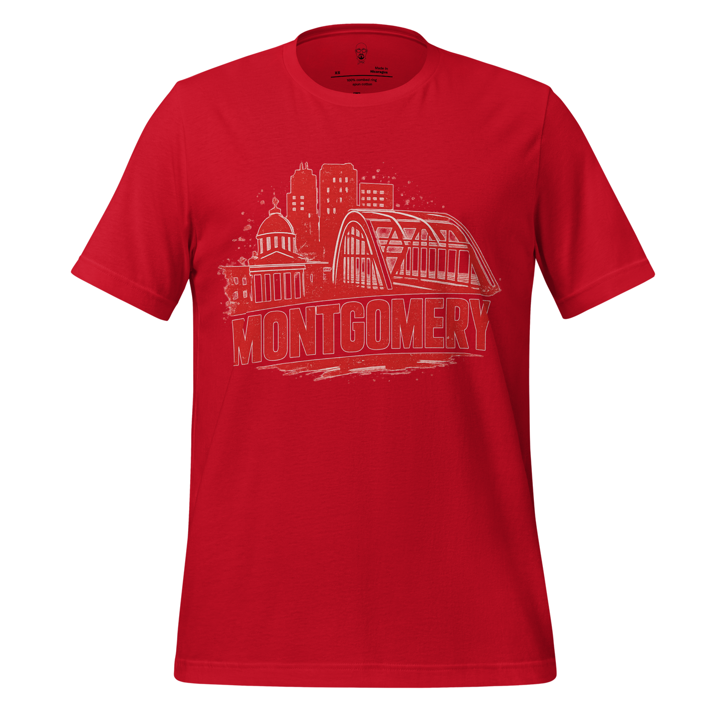 JMK Drip Montgomery Graphic T-Shirt in red with city skyline and bridge design