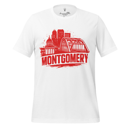 White Montgomery Graphic T-Shirt by JMK Drip with red city skyline and bridge design