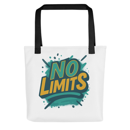 White motivational tote bag with black handles featuring colorful No Limits graphic design