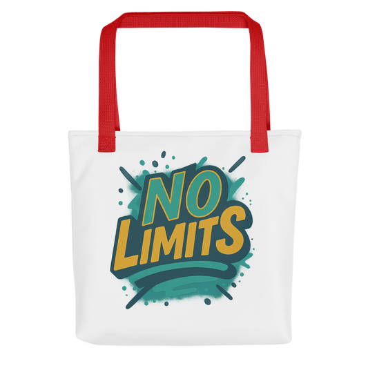 JMK Drip motivational tote bag with red handles and No Limits graphic design