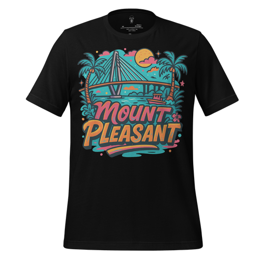 Black Mount Pleasant graphic t-shirt by JMK Drip featuring colorful bridge and palm tree design