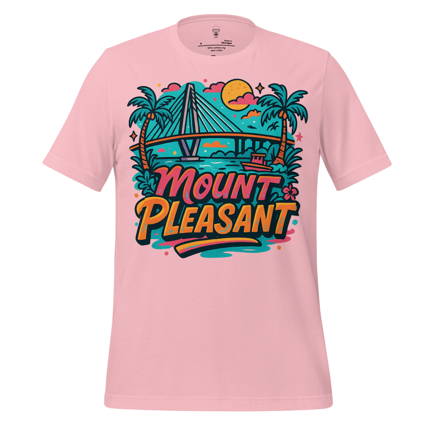 JMK Drip Mount Pleasant graphic t-shirt in pink with colorful bridge, palm trees, and sunset design