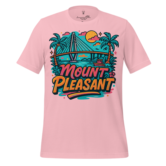 JMK Drip Mount Pleasant graphic t-shirt in pink with colorful bridge, palm trees, and sunset design