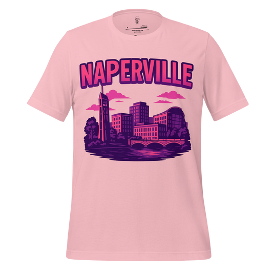JMK Drip pink Naperville Graphic T-Shirt featuring a cityscape design with buildings and a bridge