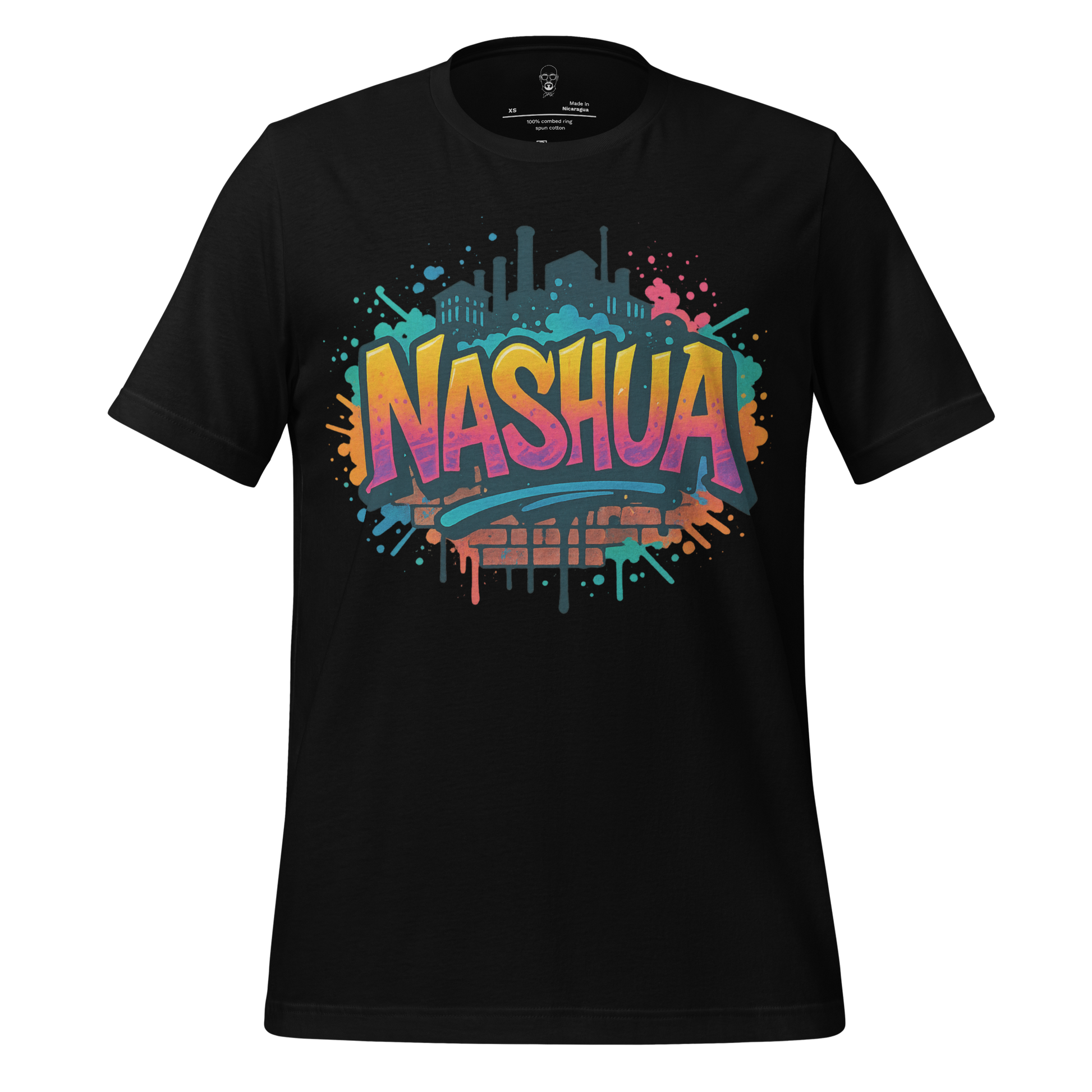 Black Nashua Graphic T Shirt with colorful urban cityscape and graffiti style design